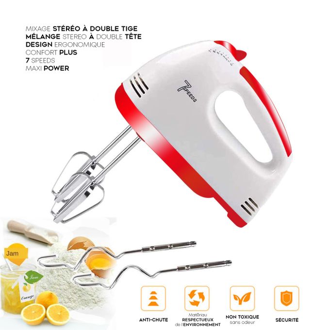 Batteur Mixeur Mélangeur Stéréo 7 Vitesses 2 Fouets et 2 Crochets à Pâte