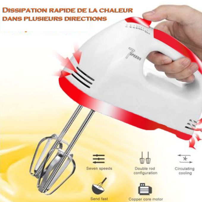 Batteur Mixeur Mélangeur Stéréo 7 Vitesses 2 Fouets et 2 Crochets à Pâte