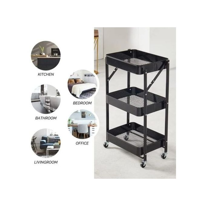 Chariot de Cuisine Pliable en Métal à 3 niveaux, avec roulettes.